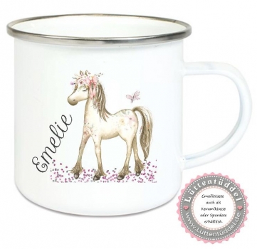 Preview: ♥ Tasse Emailletasse zauberhaftes Pferd Traumpferd Boho Schmetterling Blüten, Wunschname, Einschulung, KITA, Geburtstag, Dankeschön, Abschied, Jubiläum, Geschenk, Becher von Lüttentüddel